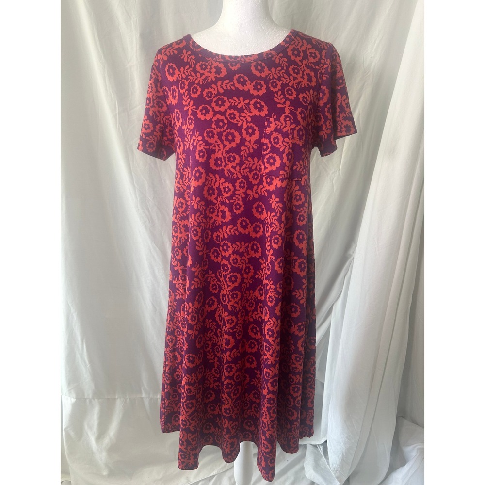 LuLaRoe Carly Dress XS Purple Orange Floral Short Sleeve High Low Pocket Relaxed